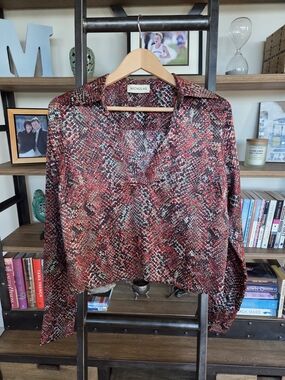Nicholas Red Snake-Print Long-Sleeve V-Neck Blouse, Size S
